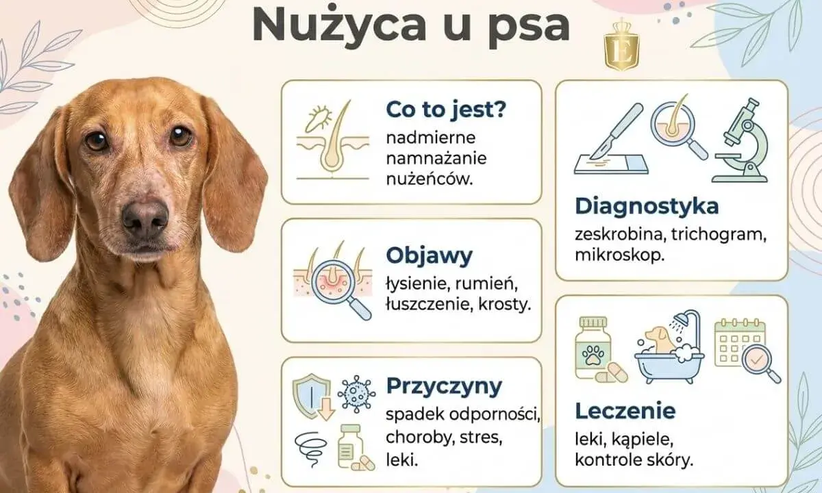 Grafika informuje o nużycy u psa, przedstawiając objawy, przyczyny, diagnostykę i leczenie. Widoczny jest piesek rasy jamnik.
