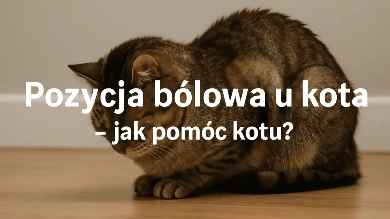 Kot w pozycji bólowej, skulony, z opuszczoną głową. Tekst: "Pozycja bólowa u kota - jak pomóc kotu?".