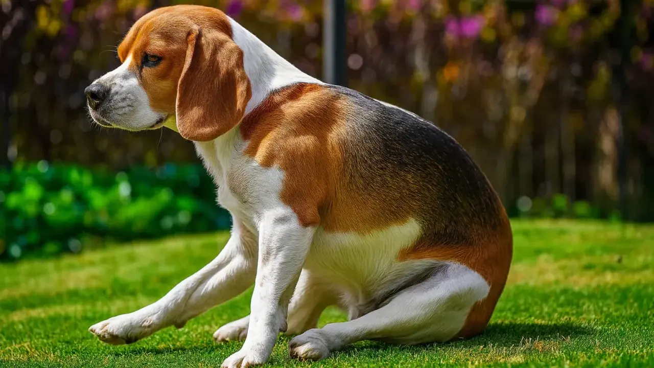 Beagle siedzi na trawie, jakby zaraz miał zjechać na sankach.