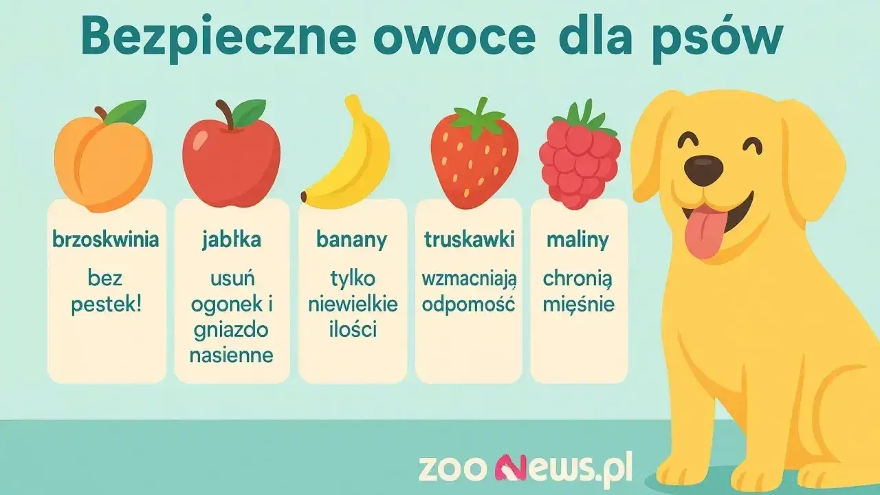 Czy pies może jeść brzoskwinie bez pestek? Tak, jak i jabłka, banany, truskawki i maliny. Wesoły piesek cieszy się bezpiecznymi owocami.