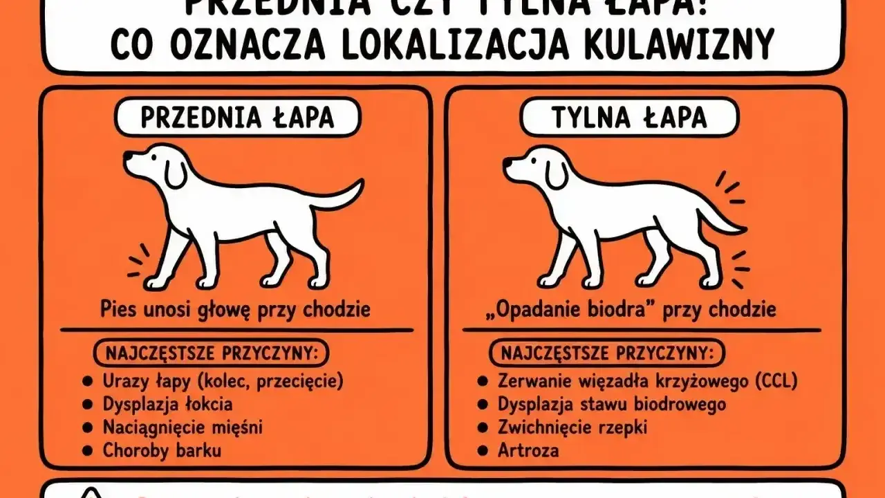 Ilustracja pokazuje nagły problem z chodzeniem u psa. Przednia łapa: pies unosi głowę. Tylna łapa: "opadanie biodra".