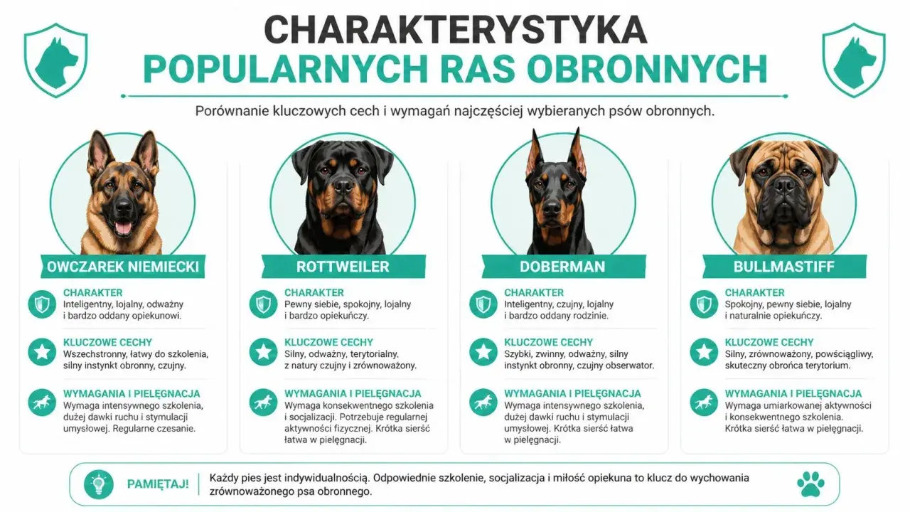 Cztery popularne rasy psów obronnych: owczarek niemiecki, rottweiler, doberman i bullmastiff. Te **małe psy** (w porównaniu do innych ras obronnych) mają różne cechy charakteru i wymagania.
