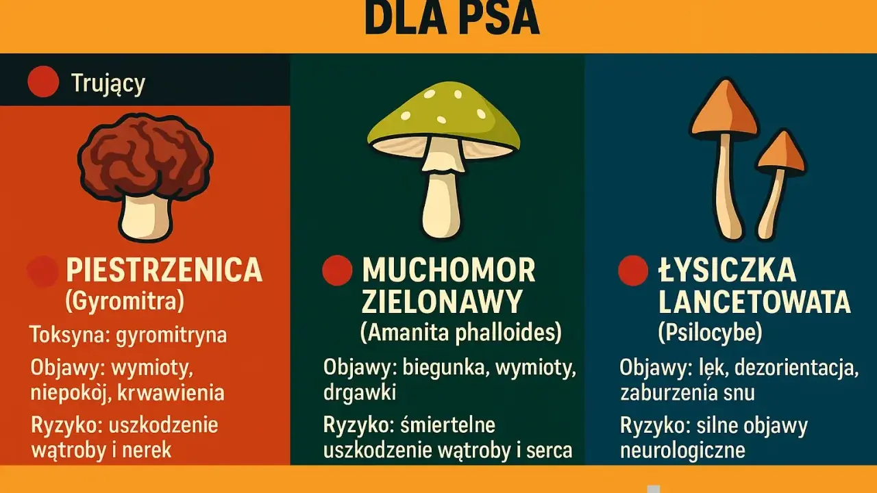 Czy pies może jeść grzyby? Grafika pokazuje trujące grzyby: piestrzenicę, muchomora zielonawego i łysiczkę lancetowatą, które są śmiertelnie niebezpieczne dla psów.