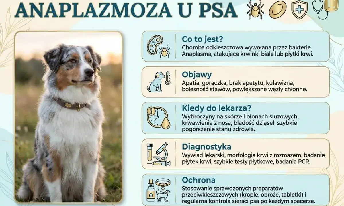 Pies z objawami choroby odkleszczowej: apatia, gorączka, kulawizna. Informacje o anaplazmozie u psów.