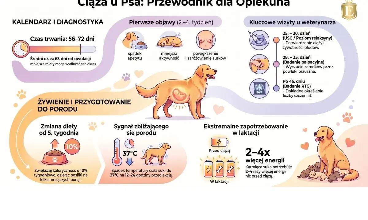 Ilustracja przedstawia cykl ciąży u psa, od pierwszych objawów, przez wizyty u weterynarza, po przygotowanie do porodu i laktację. Pokazuje, jak rozpoznać urojona ciążę u psa.