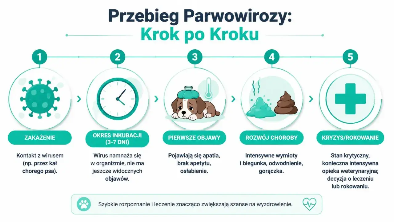Schemat przebiegu parwowirozy u psa: zakażenie, okres inkubacji, pierwsze objawy, rozwój choroby, kryzys/rokowanie. Szybkie rozpoznanie parwowirozy ratuje życie.