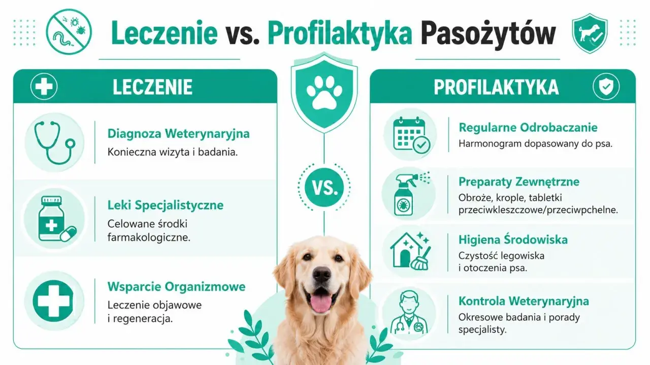 Leczenie vs. profilaktyka pasożytów u psa. Grafika porównuje metody leczenia i zapobiegania, z uroczym psem w centrum.