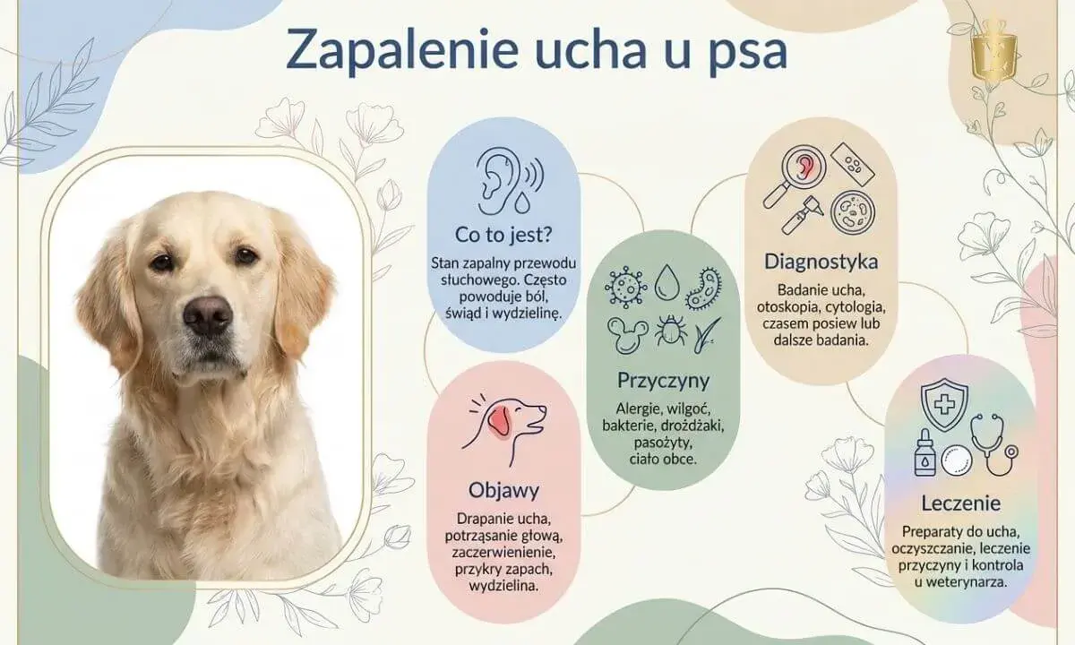 Zapalenie ucha u psa: objawy, przyczyny, diagnostyka i leczenie. Grafika przedstawia psa i informacje o chorobie.