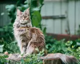 Majestatyczny maine coon najwiekszy, z bujnym futrem i przenikliwym spojrzeniem, siedzi wśród zieleni.