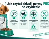 Pies patrzy na karmę, a grafika pokazuje, jak czytać etykiety jedzenia dla psa, by wybrać najlepszy skład.