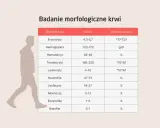 Tabela z normami badań krwi, w tym leukocyty (wbc) u psa, obok sylwetki człowieka.