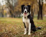 Uśmiechnięty border collie siedzi na jesiennym tle, otoczony opadłymi liśćmi.