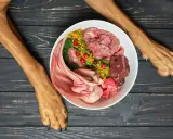 Przepis na wątróbkę dla psa: miska pełna świeżego mięsa, podrobów, warzyw i owoców.