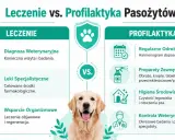 Leczenie vs. profilaktyka pasożytów u psa. Grafika porównuje metody leczenia i zapobiegania, z uroczym psem w centrum.