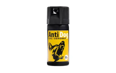 Gaz obronny "Anti Dog" z wizerunkiem groźnego psa. Czy gaz pieprzowy działa na psy? Tak, ten produkt jest stworzony do obrony przed agresywnymi zwierzętami.