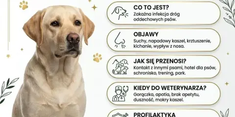Labrador z objawami kaszlu kenelowego u psa: suchy kaszel, kichanie, gorączka. Informacje o chorobie i profilaktyce.