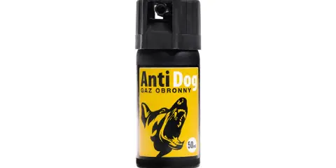 Gaz obronny "Anti Dog" z wizerunkiem groźnego psa. Czy gaz pieprzowy działa na psy? Tak, ten produkt jest stworzony do obrony przed agresywnymi zwierzętami.