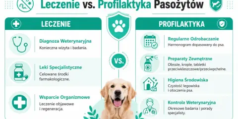 Leczenie vs. profilaktyka pasożytów u psa. Grafika porównuje metody leczenia i zapobiegania, z uroczym psem w centrum.