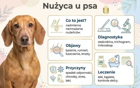 Grafika informuje o nużycy u psa, przedstawiając objawy, przyczyny, diagnostykę i leczenie. Widoczny jest piesek rasy jamnik.