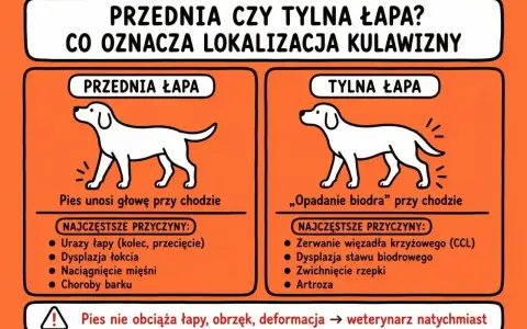 Ilustracja pokazuje nagły problem z chodzeniem u psa. Przednia łapa: pies unosi głowę. Tylna łapa: "opadanie biodra".