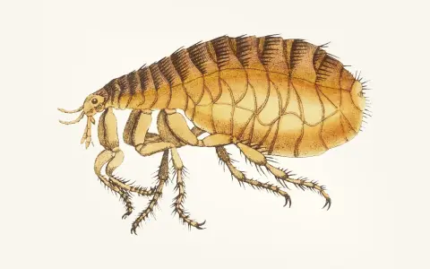 Ilustracja pchły. Czy pchły z psa mogą przejść na człowieka? Tak, pchły psie mogą przenosić się na ludzi, szukając pożywienia.