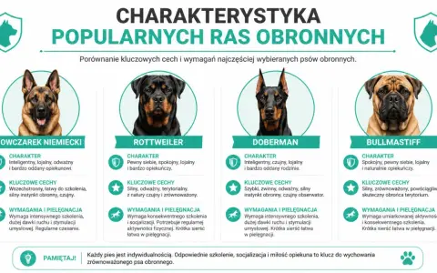 Cztery popularne rasy psów obronnych: owczarek niemiecki, rottweiler, doberman i bullmastiff. Te **małe psy** (w porównaniu do innych ras obronnych) mają różne cechy charakteru i wymagania.