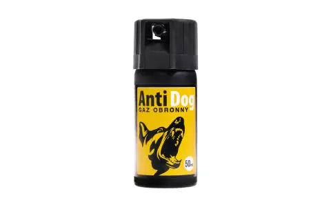 Gaz obronny "Anti Dog" z wizerunkiem groźnego psa. Czy gaz pieprzowy działa na psy? Tak, ten produkt jest stworzony do obrony przed agresywnymi zwierzętami.