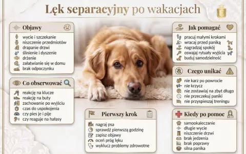 Lęk separacyjny u psa po wakacjach: objawy, jak pomagać, czego unikać i kiedy szukać pomocy. Zdjęcie przedstawia psa leżącego na dywanie.