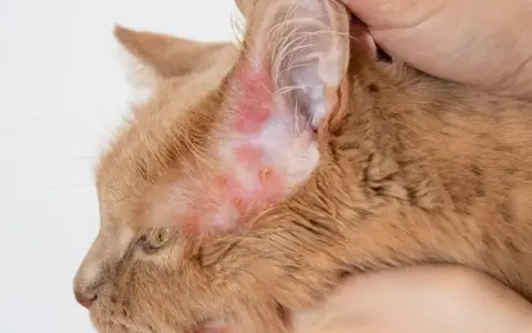Pomarańczowy kot z zaczerwienioną skórą wokół ucha, objawy świerzbu usznego u kota.