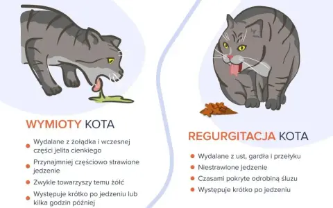 Ilustracja pokazuje dwa koty: jeden wymiotuje, drugi zwraca niestrawione jedzenie. Objawy zatrucia u kota mogą być różne.