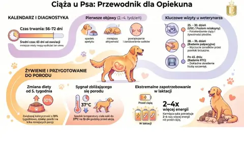 Ilustracja przedstawia cykl ciąży u psa, od pierwszych objawów, przez wizyty u weterynarza, po przygotowanie do porodu i laktację. Pokazuje, jak rozpoznać urojona ciążę u psa.