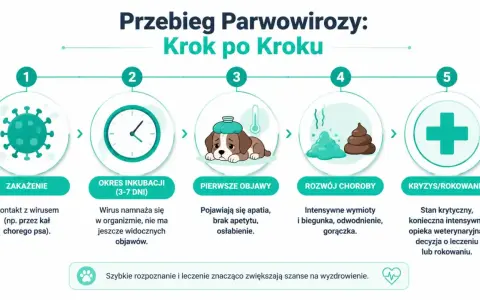 Schemat przebiegu parwowirozy u psa: zakażenie, okres inkubacji, pierwsze objawy, rozwój choroby, kryzys/rokowanie. Szybkie rozpoznanie parwowirozy ratuje życie.
