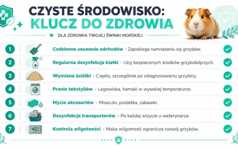 Czyste środowisko kluczem do zdrowia świnki morskiej. Zapobiegaj grzybicy przez regularne sprzątanie, dezynfekcję i kontrolę wilgotności.