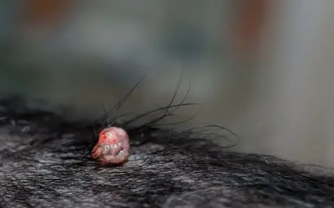 Widoczna brodawka u psa, różowa i lekko zaczerwieniona, otoczona ciemną sierścią.