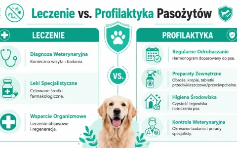Leczenie vs. profilaktyka pasożytów u psa. Grafika porównuje metody leczenia i zapobiegania, z uroczym psem w centrum.