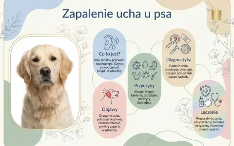 Zapalenie ucha u psa: objawy, przyczyny, diagnostyka i leczenie. Grafika przedstawia psa i informacje o chorobie.