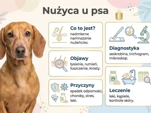 Grafika informuje o nużycy u psa, przedstawiając objawy, przyczyny, diagnostykę i leczenie. Widoczny jest piesek rasy jamnik.