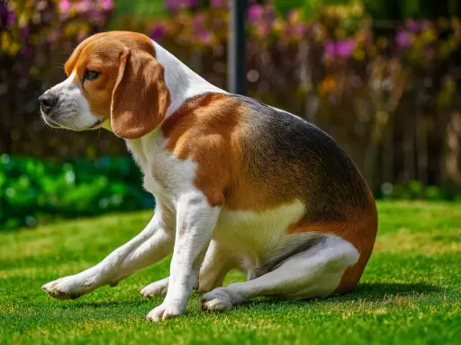 Beagle siedzi na trawie, jakby zaraz miał zjechać na sankach.