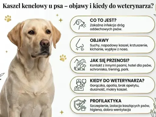 Labrador z objawami kaszlu kenelowego u psa: suchy kaszel, kichanie, gorączka. Informacje o chorobie i profilaktyce.