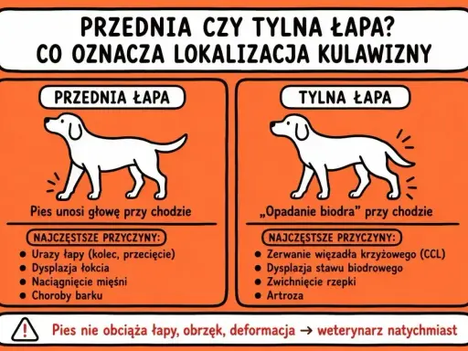 Ilustracja pokazuje nagły problem z chodzeniem u psa. Przednia łapa: pies unosi głowę. Tylna łapa: "opadanie biodra".