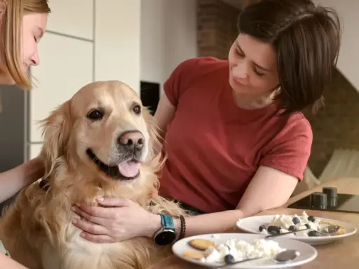 Zastanawiasz się, czy pies może jeść twaróg? Ten złoty retriever wygląda na zadowolonego, gdy dwie kobiety go głaszczą.