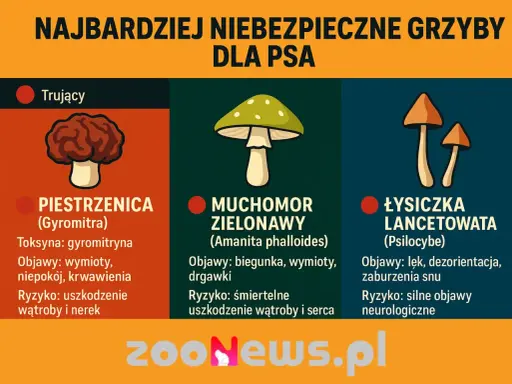 Czy pies może jeść grzyby? Grafika pokazuje trujące grzyby: piestrzenicę, muchomora zielonawego i łysiczkę lancetowatą, które są śmiertelnie niebezpieczne dla psów.