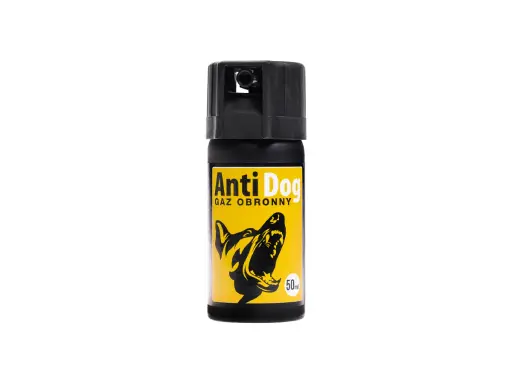 Gaz obronny "Anti Dog" z wizerunkiem groźnego psa. Czy gaz pieprzowy działa na psy? Tak, ten produkt jest stworzony do obrony przed agresywnymi zwierzętami.