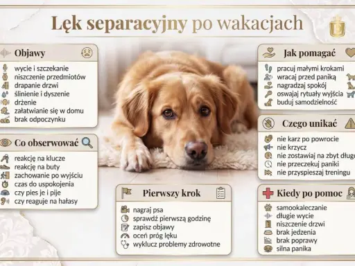Lęk separacyjny u psa po wakacjach: objawy, jak pomagać, czego unikać i kiedy szukać pomocy. Zdjęcie przedstawia psa leżącego na dywanie.