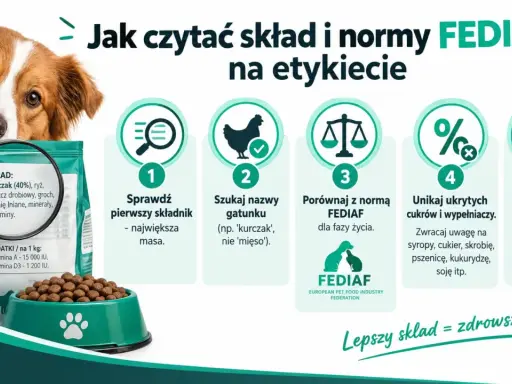 Pies patrzy na karmę, a grafika pokazuje, jak czytać etykiety jedzenia dla psa, by wybrać najlepszy skład.