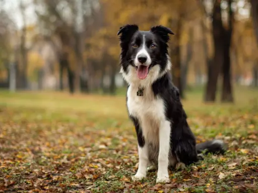 Uśmiechnięty border collie siedzi na jesiennym tle, otoczony opadłymi liśćmi.