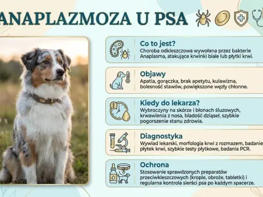 Pies z objawami choroby odkleszczowej: apatia, gorączka, kulawizna. Informacje o anaplazmozie u psów.