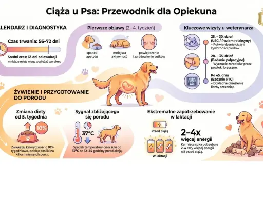 Ilustracja przedstawia cykl ciąży u psa, od pierwszych objawów, przez wizyty u weterynarza, po przygotowanie do porodu i laktację. Pokazuje, jak rozpoznać urojona ciążę u psa.