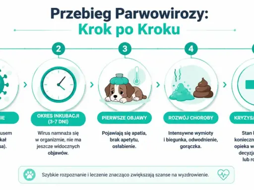 Schemat przebiegu parwowirozy u psa: zakażenie, okres inkubacji, pierwsze objawy, rozwój choroby, kryzys/rokowanie. Szybkie rozpoznanie parwowirozy ratuje życie.