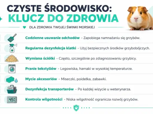 Czyste środowisko kluczem do zdrowia świnki morskiej. Zapobiegaj grzybicy przez regularne sprzątanie, dezynfekcję i kontrolę wilgotności.